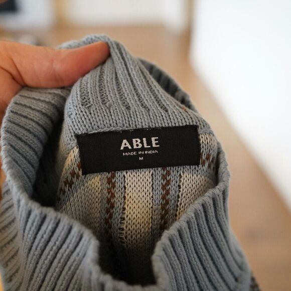 ABLE Women's Jana Patterned Turtleneck Sweater blue brown plaid organic SZ M - Picture 5 of 7